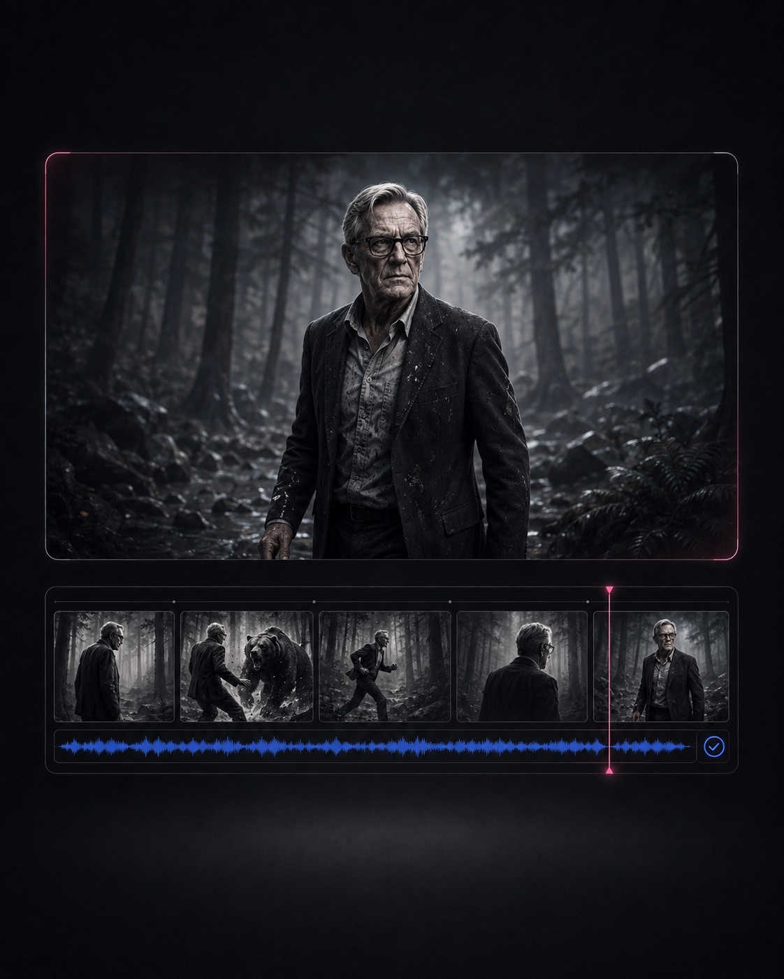 Approved cinematic frame assembled with ordered shots, audio waveform and editorial timeline