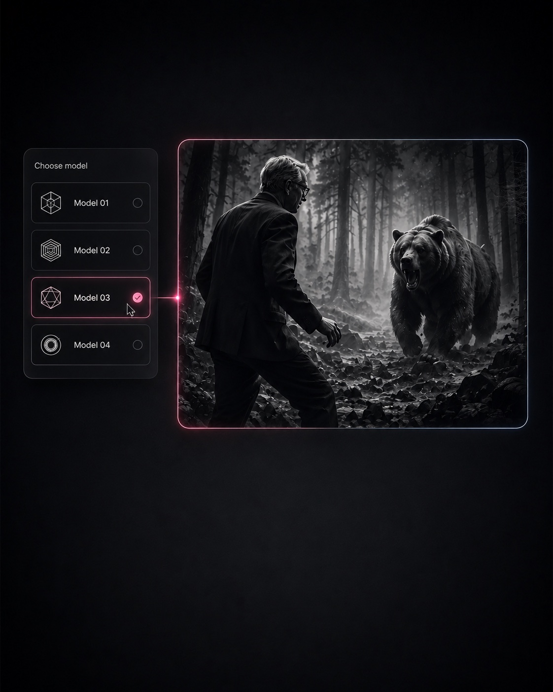 Selecting an AI model while keeping the same connected cinematic production shot