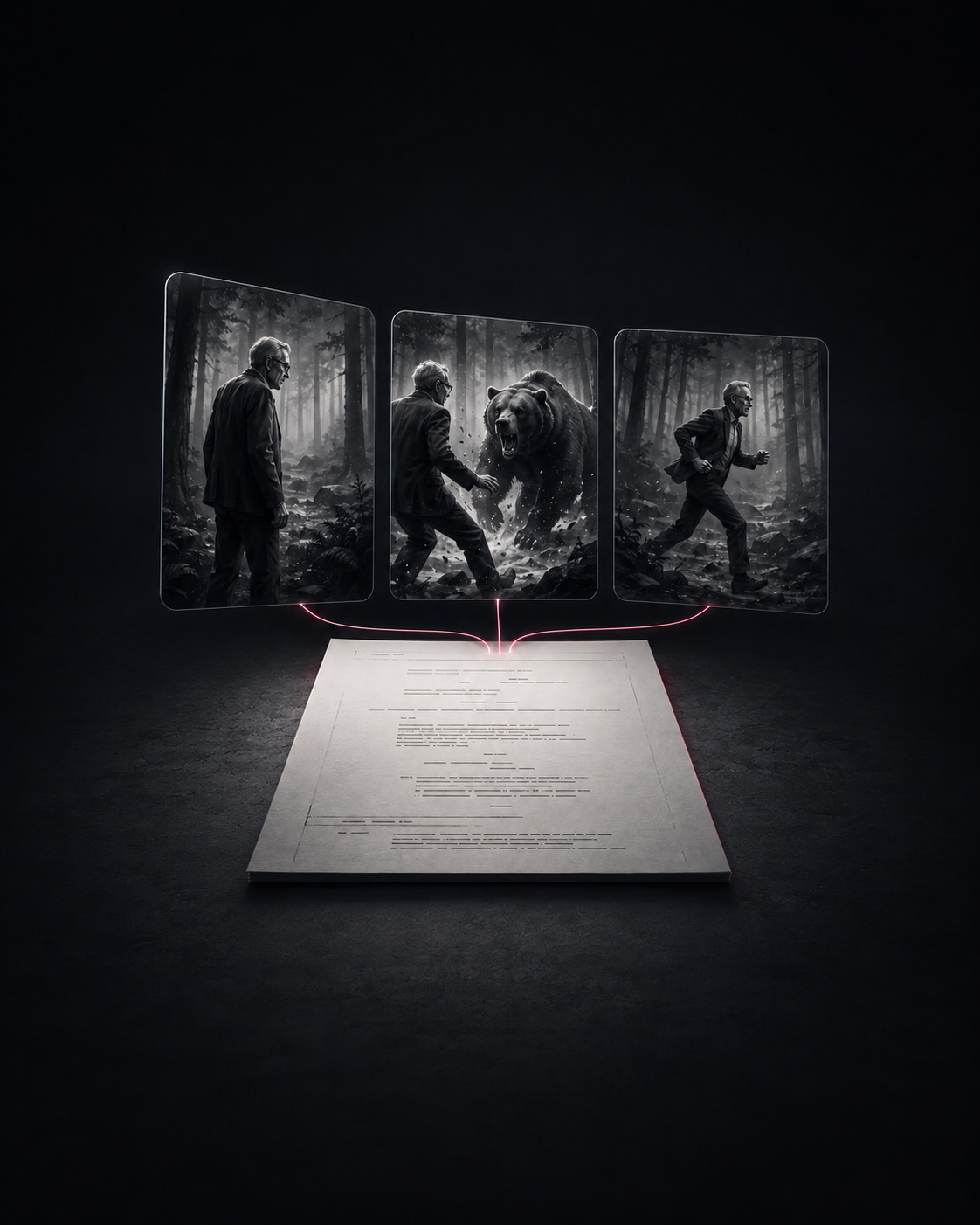 A screenplay transforming into a structured sequence of cinematic production shots