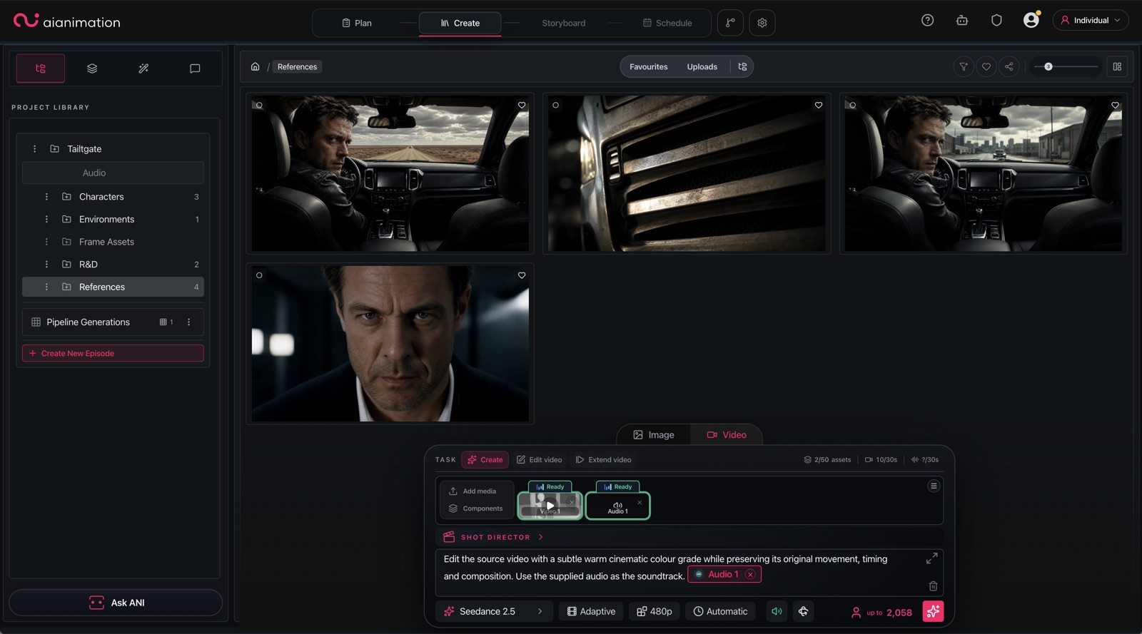 AI Animation production workspace showing shared project assets and controlled model access