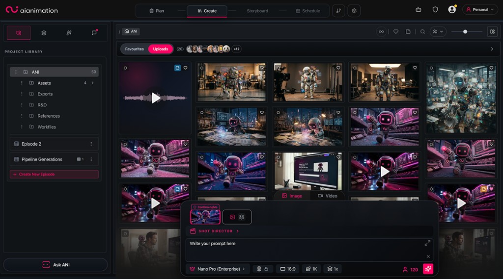 AIAnimation.com project library showing organised assets, references, workfiles and generated media in one workspace.