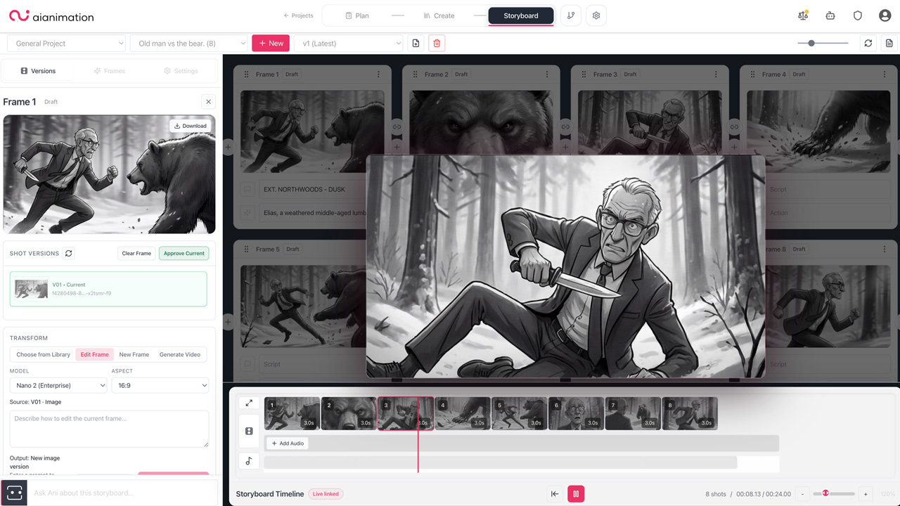 AIAnimation.com storyboard workspace showing a selected shot version, approval control and the surrounding sequence timeline.