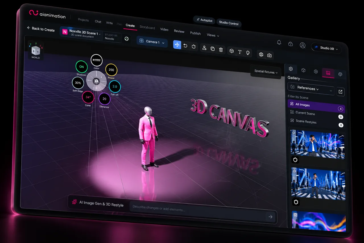 AIAnimation 3D AI Canvas showing a character in a lit 3D scene, spatial lighting controls and a reference image gallery