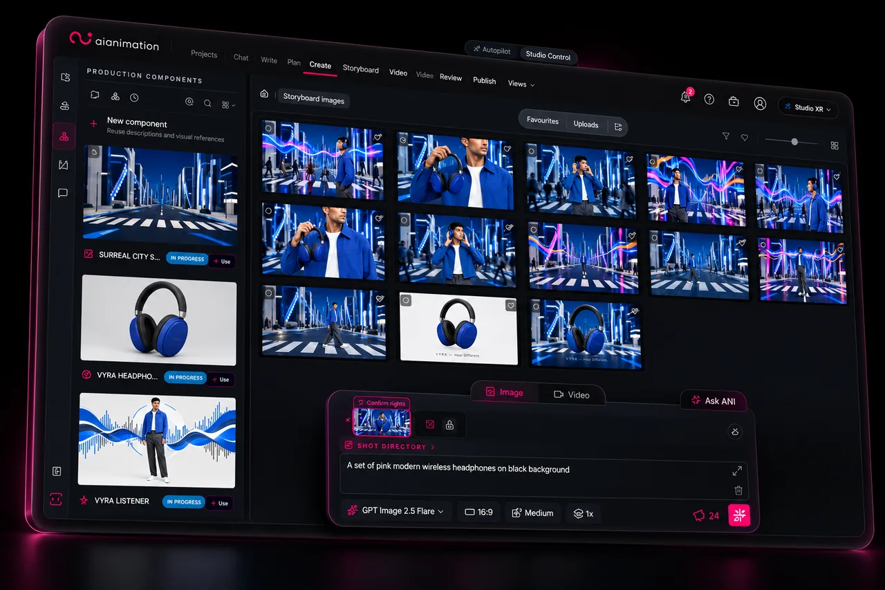 AIAnimation Create Studio showing reusable production components, a gallery of headphone advert images and image-generation controls