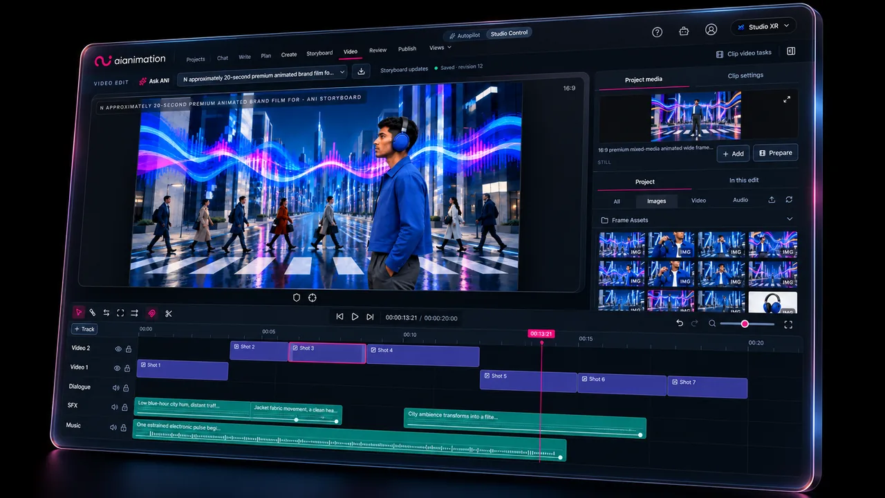 AIAnimation Video Editor showing a headphone advert, project media and a multitrack timeline for video, dialogue, sound effects and music