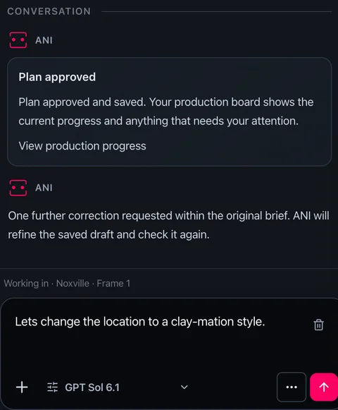 ANI approving a production plan and receiving a request to change the location to a clay-animation style