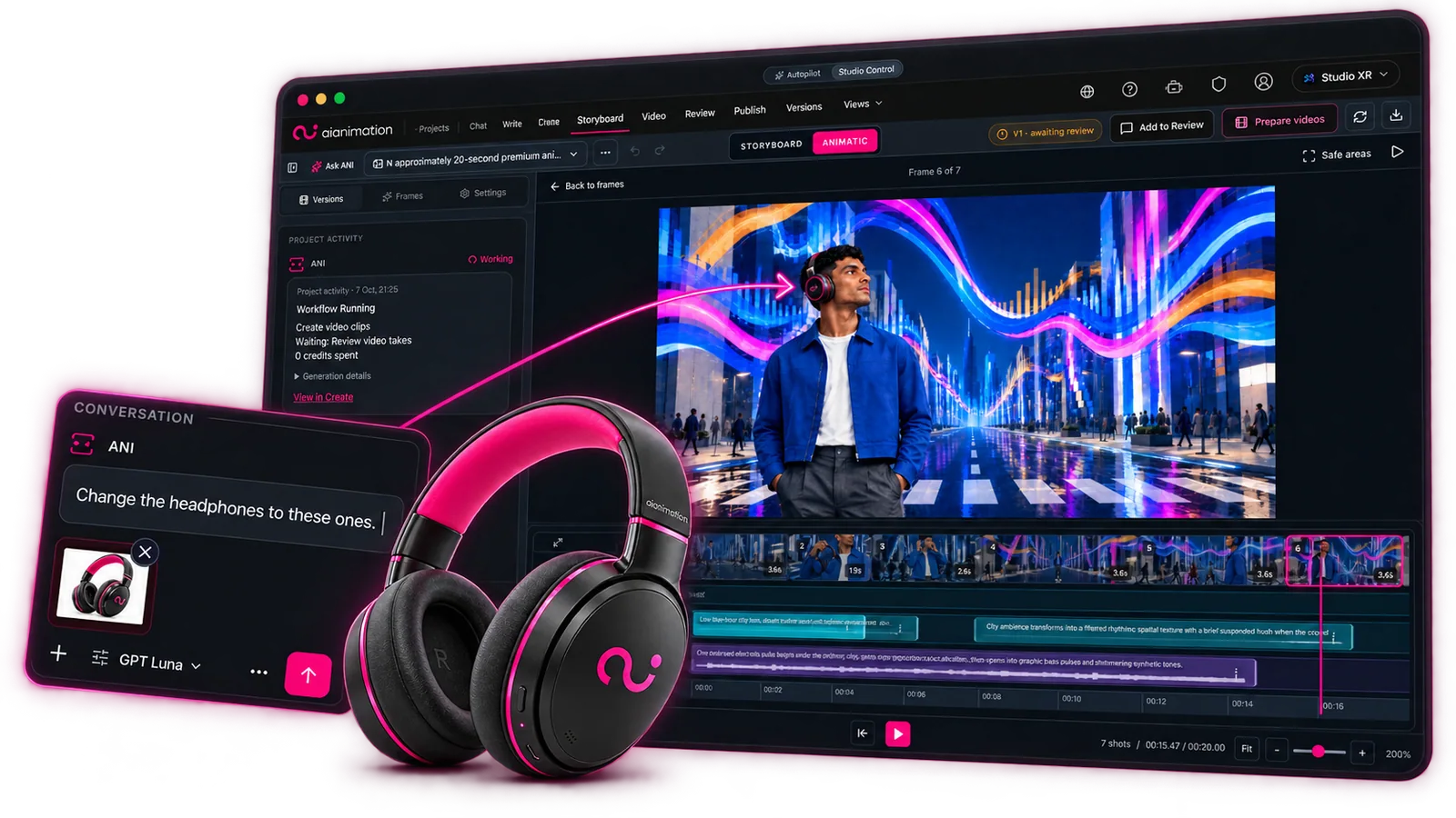 ANI changes a product reference to pink headphones and carries the change into the connected video production