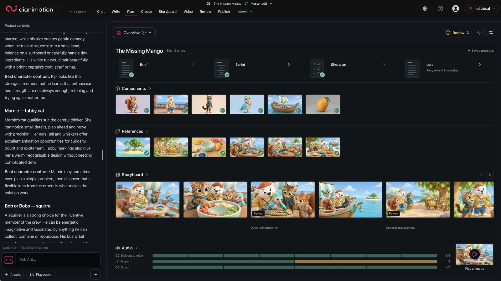 The Missing Mango project overview showing brief, script, shots, references and storyboard together.