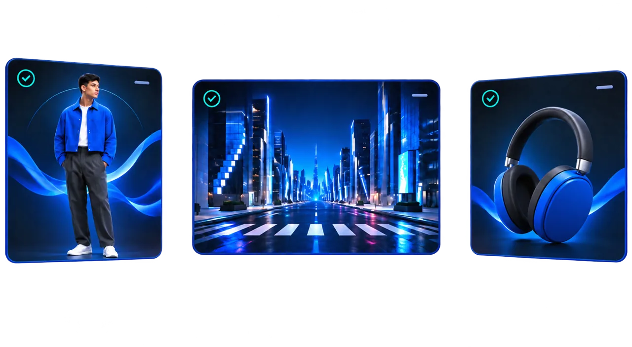 Connected production reference cards showing a character in a blue jacket, a futuristic city location and blue headphones