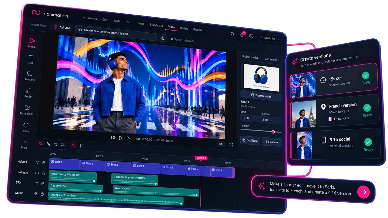 AIAnimation video editor with illustrated project versions for a shorter cut, a French adaptation and a vertical social edit