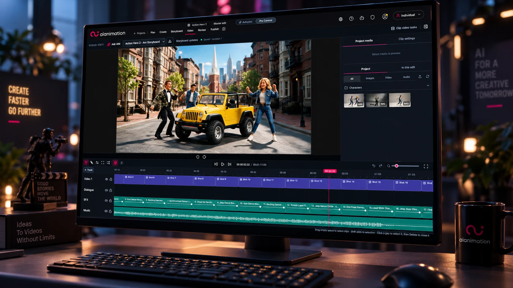AIAnimation desktop promotional image showing the video editor with a yellow Jeep scene, project media and a multitrack timeline