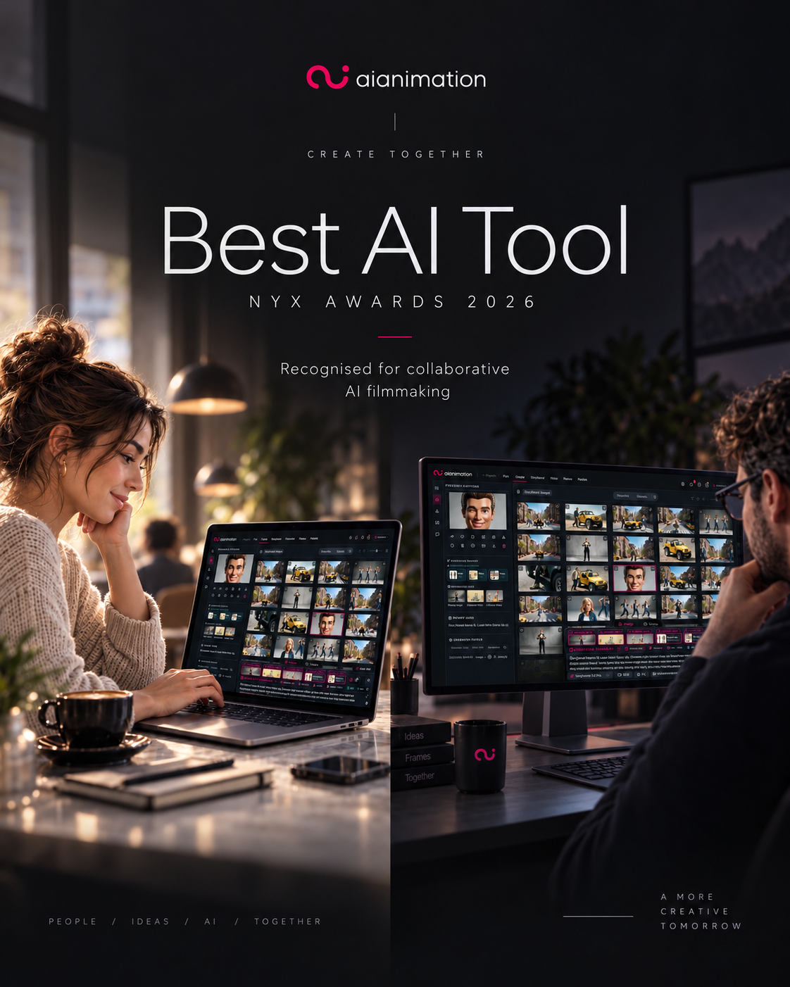 Promotional artwork celebrating AIAnimation at the 2026 NYX Awards, showing two creators with stylised animation workspaces and the Best AI Tool category title