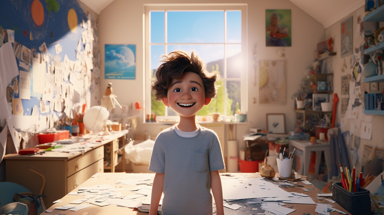 AI image, smiling boy in artists bedroom close up