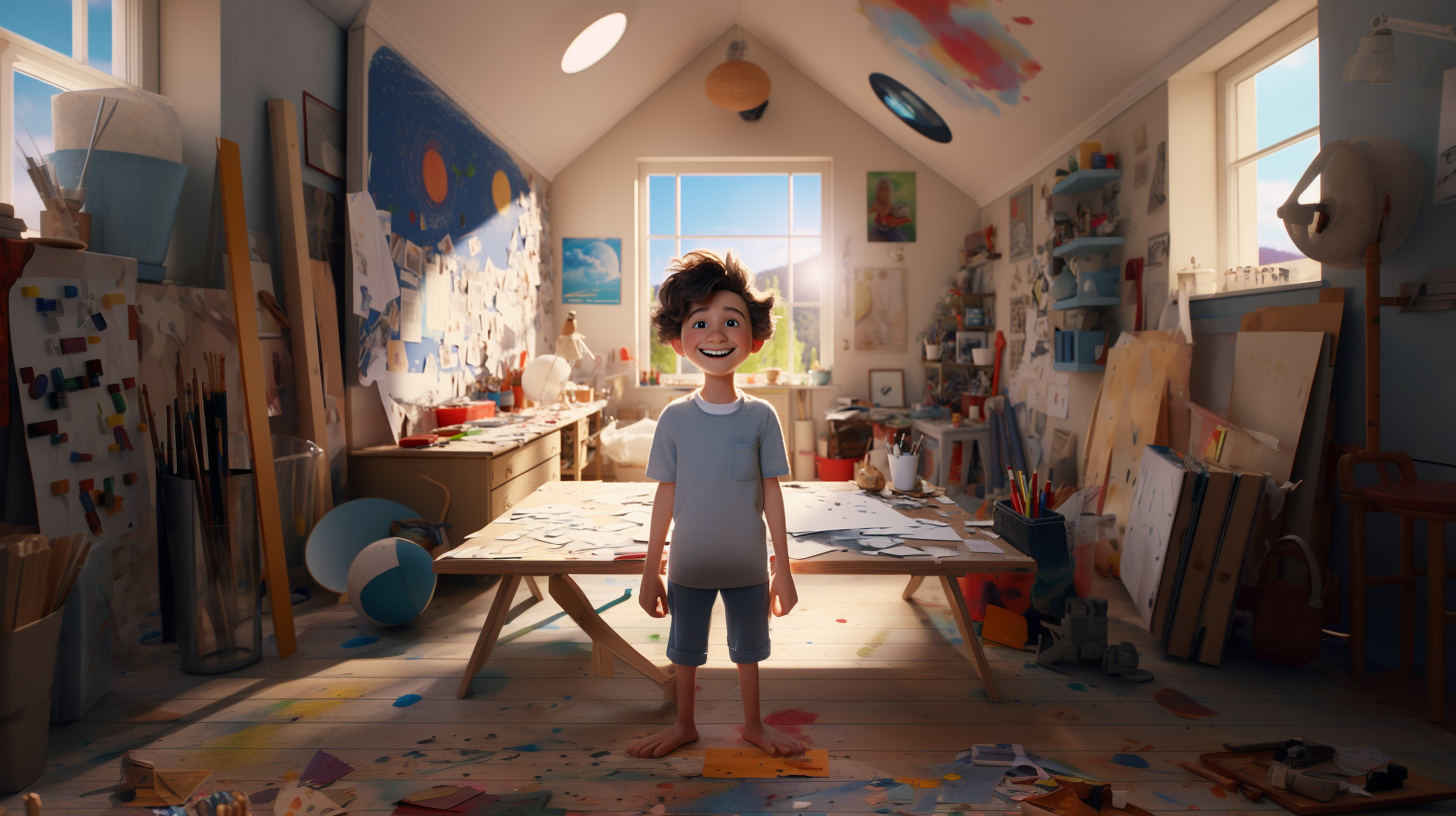 Smiling artist in bedroom, mid journey AI image for animation